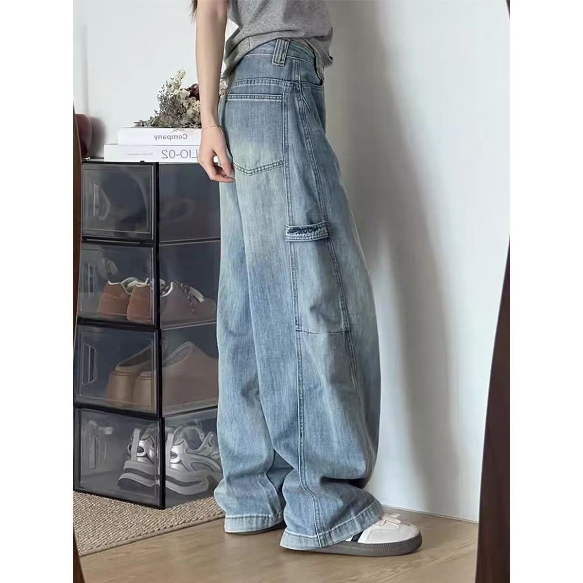 BOY Light Blue Vintage Scimitar Jeans For Men, High Street Design, Loose Casual Versatile Straight Wide-Leg Cargo Pants_mkmklike.com