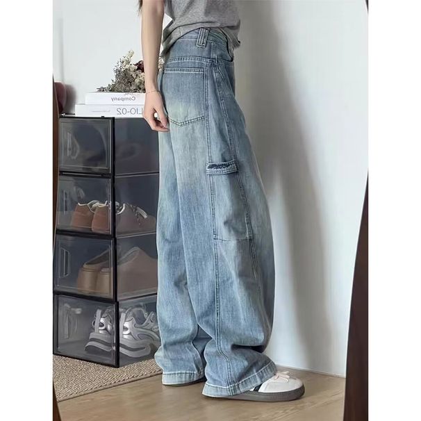 BOY Light Blue Vintage Scimitar Jeans For Men, High Street Design, Loose Casual Versatile Straight Wide-Leg Cargo Pants_mkmklike.com