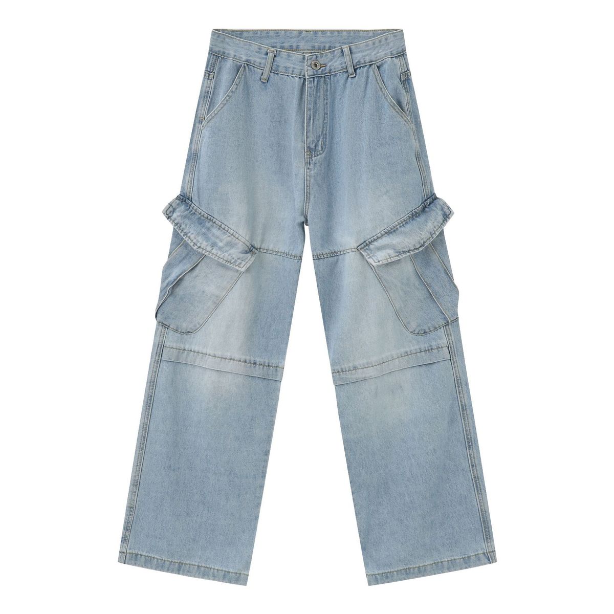 Men's Vintage Workwear Jeans - High Street Baggy Denim Pants With Straight Leg & Multi-Pockets, Washed Blue/Light Blue, S/M/L/XL_mkmklike.com