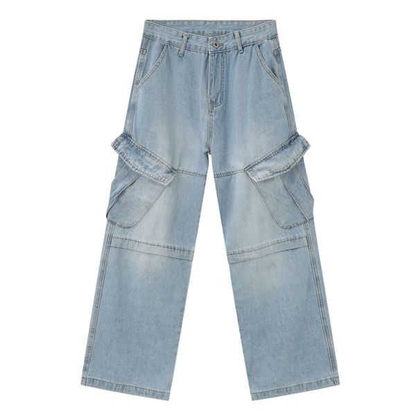 Men's Vintage Workwear Jeans - High Street Baggy Denim Pants With Straight Leg & Multi-Pockets, Washed Blue/Light Blue, S/M/L/XL_mkmklike.com