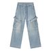 Men's Vintage Workwear Jeans - High Street Baggy Denim Pants With Straight Leg & Multi-Pockets, Washed Blue/Light Blue, S/M/L/XL_mkmklike.com