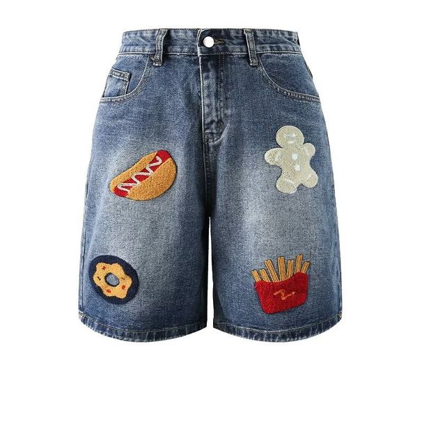 Men's Retro Cartoon Terry Cloth Embroidered Denim Shorts Summer Casual Loose Straight Wide Leg Five-Point Pants_mkmklike.com