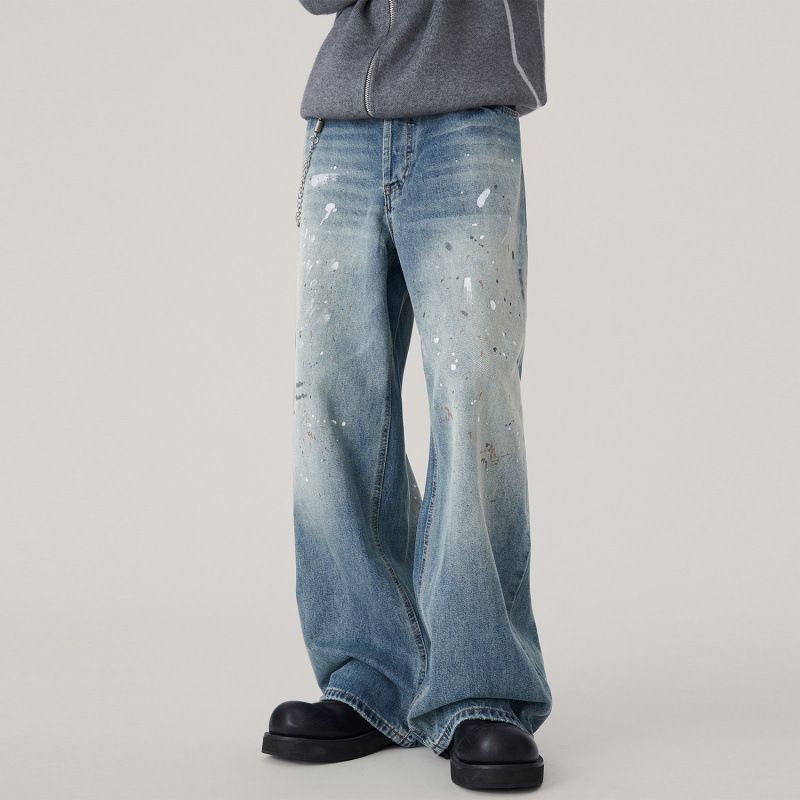 Men's Clothing Men's Splatter Paint Denim Jeans – Loose Fit High Street Wide Leg Pants, Vintage Washed & Artistic Spray Design, Comfort Stretch, Blue_mkmklike.com