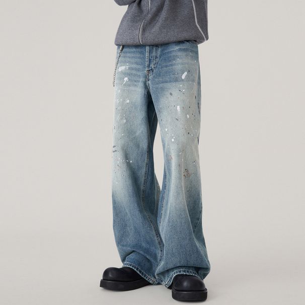 Men's Clothing Men's Splatter Paint Denim Jeans – Loose Fit High Street Wide Leg Pants, Vintage Washed & Artistic Spray Design, Comfort Stretch, Blue_mkmklike.com