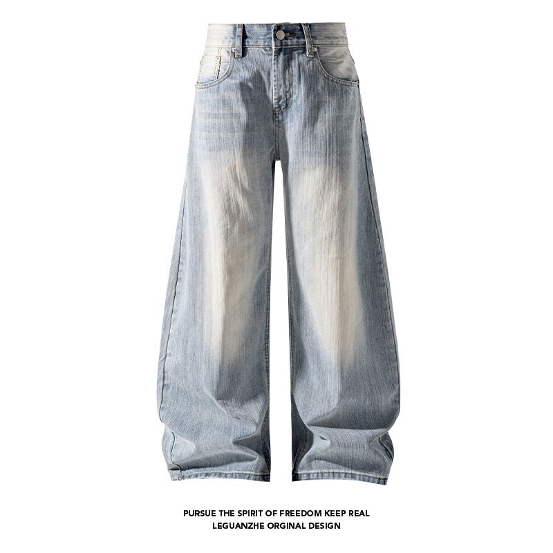 Men's Bamboo Joint Washed Curved Jeans Loose Wide Leg Casual Trousers Mid Waist Straight Pants Autumn Style High Street Vibe Black Blue_mkmklike.com