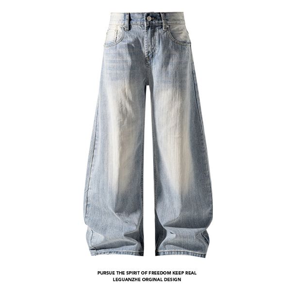 Men's Bamboo Joint Washed Curved Jeans Loose Wide Leg Casual Trousers Mid Waist Straight Pants Autumn Style High Street Vibe Black Blue_mkmklike.com