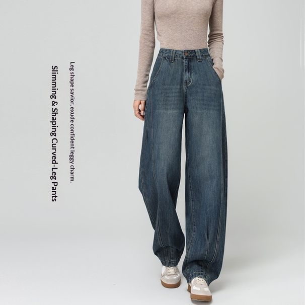 Fleece-lined Thickened Wide-leg Curved Jeans Plus-size, Petite Women, Autumn And Winter Thick Pants For Women_mkmklike.com