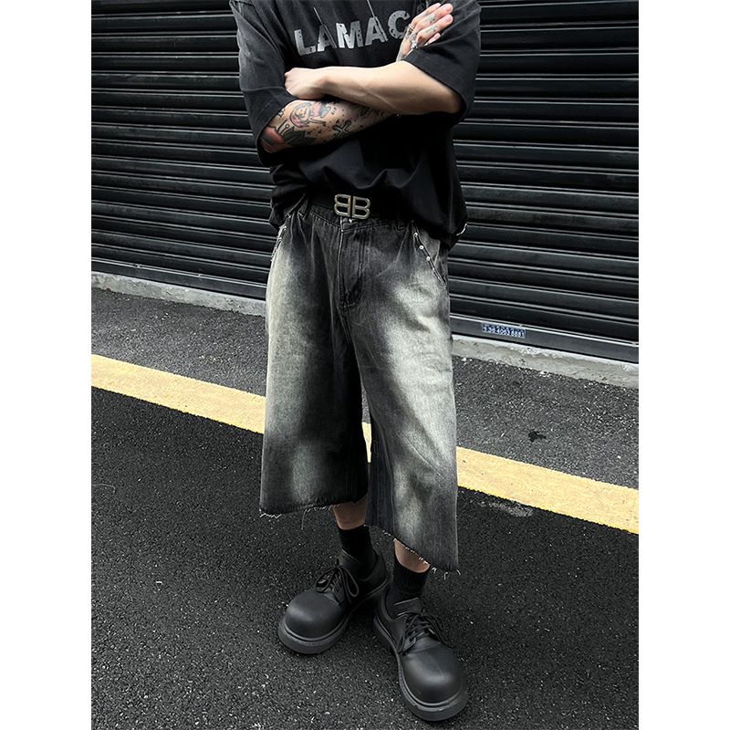 Men's Clothing Street Retro Washed Denim Shorts Summer Rivet Raw Edge Loose Straight Pants Distressed Cropped Pants_mkmklike.com