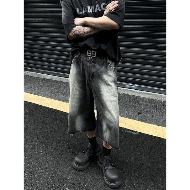 Men's Clothing Street Retro Washed Denim Shorts Summer Rivet Raw Edge Loose Straight Pants Distressed Cropped Pants_mkmklike.com