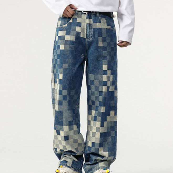 Men's Clothing Jeans For Men, New Style, Checkerboard Pattern, Wide Leg Pants, Street Rocking, Loose And Versatile Casual Pants_mkmklike.com