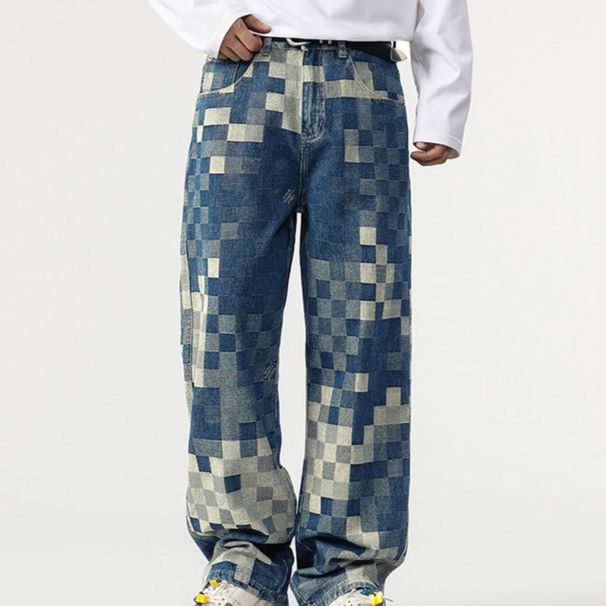 Men's Clothing Jeans For Men, New Style, Checkerboard Pattern, Wide Leg Pants, Street Rocking, Loose And Versatile Casual Pants_mkmklike.com