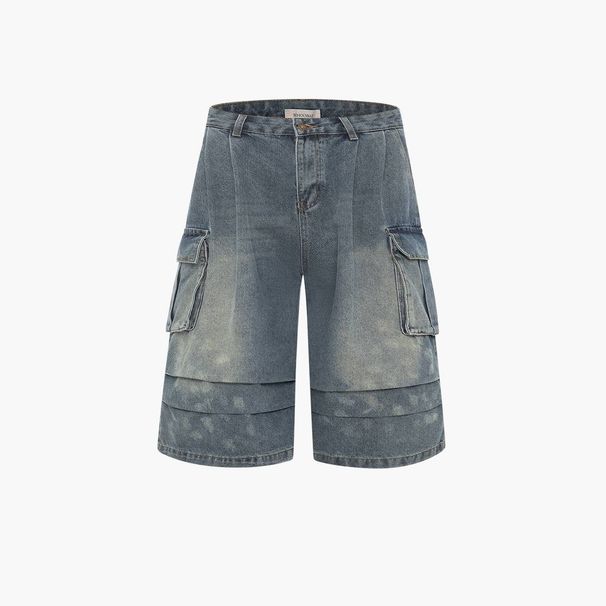 Men's Clothing Washed Workwear Denim Shorts With Pleated Large Pockets Worn Loose Wide Leg Straight Leg Cropped Trousers_mkmklike.com
