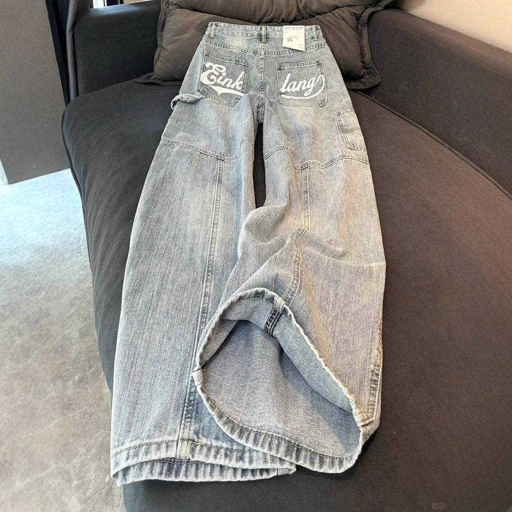 Women's Clothing Plus Size American Style Light Wash Jeans For Women - Loose Wide-Leg Palazzo Pants With Sickle Hem & Letter Print (Blue, S-XXXXL)_mkmklike.com