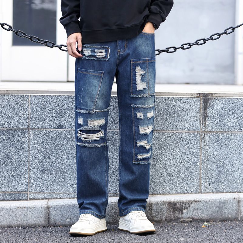 Men's Distressed Patchwork Relaxed Fit Fleece-Lined Straight Leg Denim Pants For Winter - Casual Streetwear Style_mkmklike.com