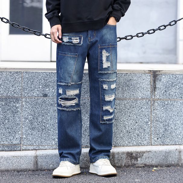 Men's Distressed Patchwork Relaxed Fit Fleece-Lined Straight Leg Denim Pants For Winter - Casual Streetwear Style_mkmklike.com