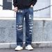 Men's Distressed Patchwork Relaxed Fit Fleece-Lined Straight Leg Denim Pants For Winter - Casual Streetwear Style_mkmklike.com