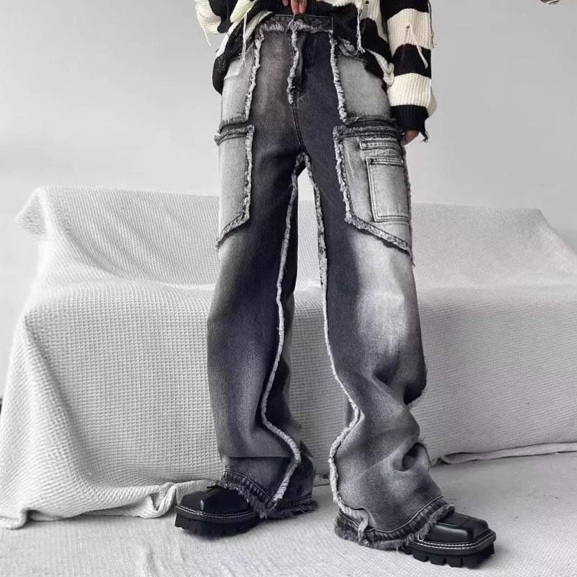 2025 American Lumberjack Jeans Men's Vibe Niche Design Raw Edge Loose Straight Casual Mopping Trousers Men_mkmklike.com