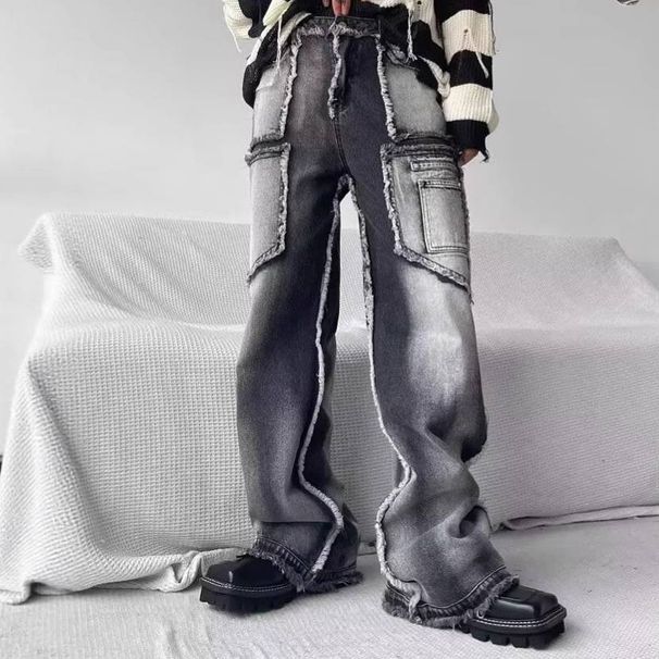 2025 American Lumberjack Jeans Men's Vibe Niche Design Raw Edge Loose Straight Casual Mopping Trousers Men_mkmklike.com