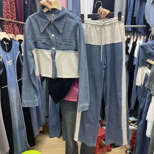 Women's Denim Patchwork Casual Outfit 2-Piece Set Long Sleeve Jacket + Wide Leg Jeans Spring/Summer Fashion_mkmklike.com