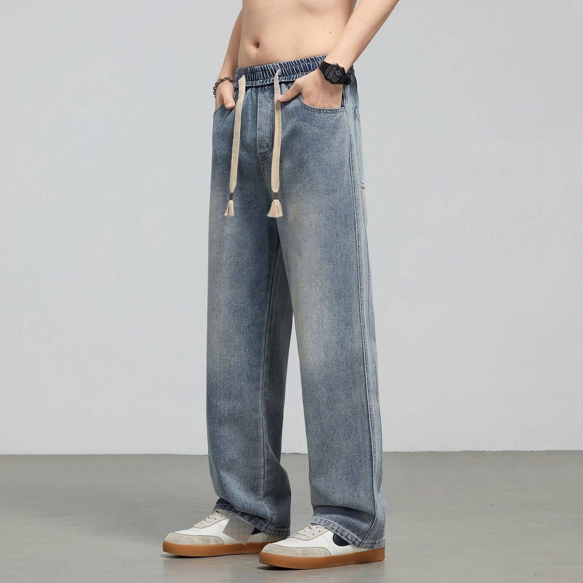 Men's Classic Straight Leg Jeans - Mid Rise Washed Denim Pants For Casual Wear (Retro & Blue) Breathable Cotton Blend_mkmklike.com