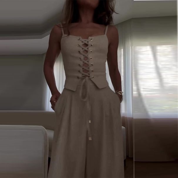 Women's Clothing pure desire sexy hollow strap top casual wide leg pants suit_mkmklike.com