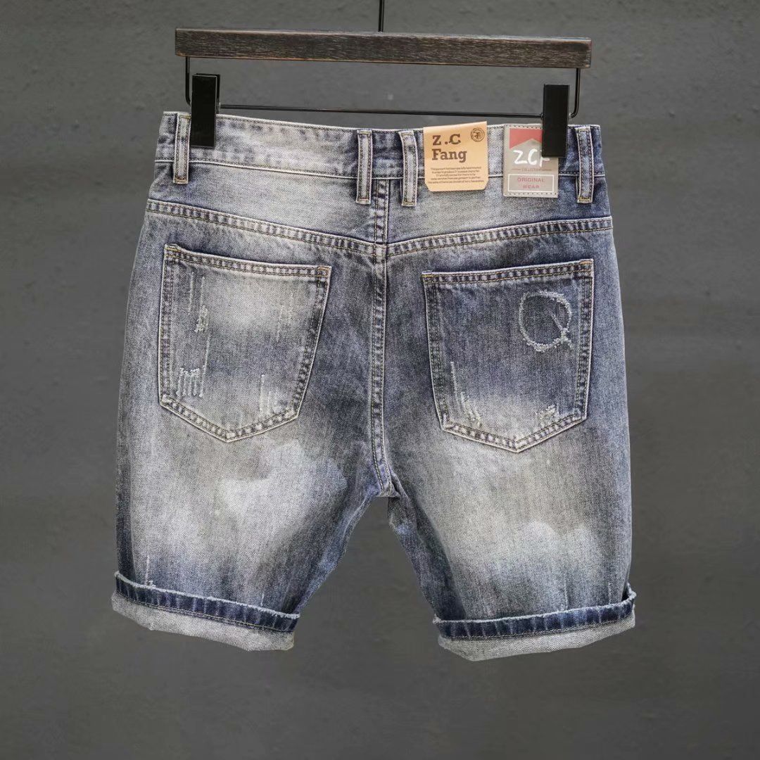 Men's Slim Fit Denim Jeans Simple Embroidered Maple Leaf Ripped Trendy Five Point Pants Versatile Summer Style_mkmklike.com