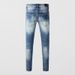 Men's Retro Distressed Washed Blue Jeans Street Style Leather Patchwork Hip Hop Tight Stretch Skinny Fit_mkmklike.com