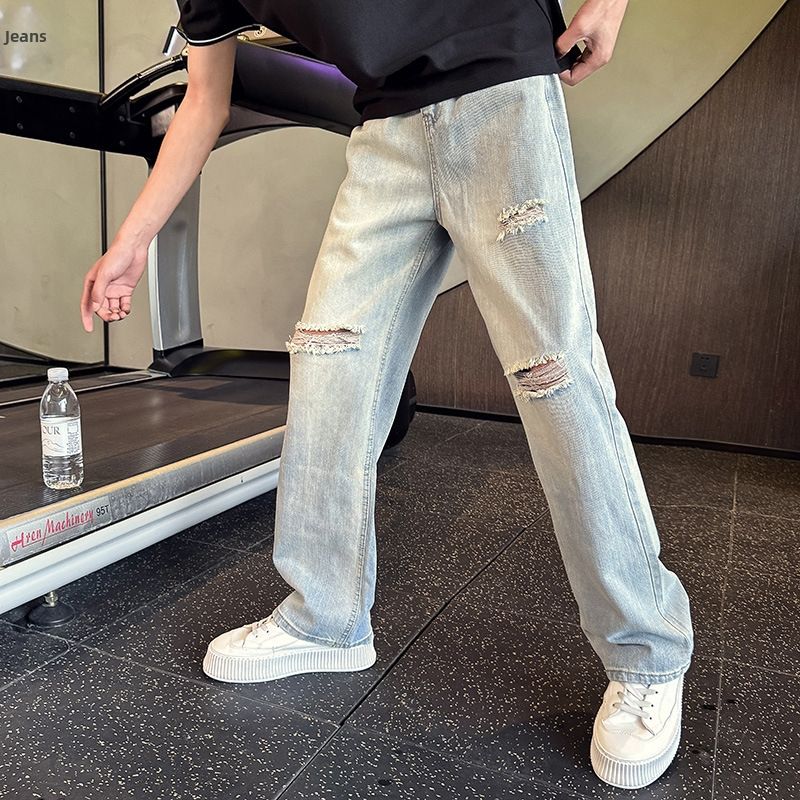 Men's Washed Vintage Ripped Jeans Thin Summer Style Casual Straight Leg Pants For Spring And Autumn_mkmklike.com