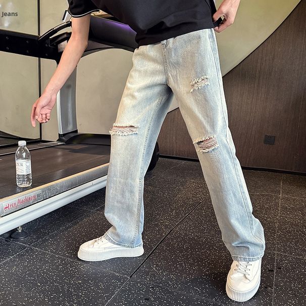 Men's Washed Vintage Ripped Jeans Thin Summer Style Casual Straight Leg Pants For Spring And Autumn_mkmklike.com