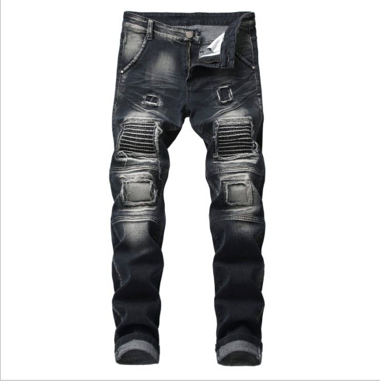 Men's Clothing Stretch Black Jeans Motorcycle Style Patchwork Loose Fit Straight Leg Denim Mid Waist Long Cotton Non-Stretch Machine Washable_mkmklike.com