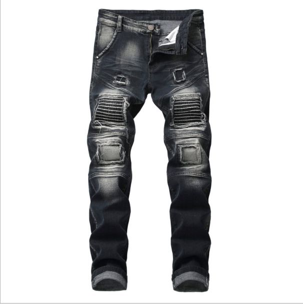 Men's Clothing Stretch Black Jeans Motorcycle Style Patchwork Loose Fit Straight Leg Denim Mid Waist Long Cotton Non-Stretch Machine Washable_mkmklike.com