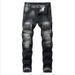 Men's Clothing Stretch Black Jeans Motorcycle Style Patchwork Loose Fit Straight Leg Denim Mid Waist Long Cotton Non-Stretch Machine Washable_mkmklike.com