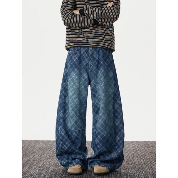 Retro Patchwork Plaid Jeans – Distressed Straight-Leg Denim Pants With Blade Motif (S-3XL)_mkmklike.com
