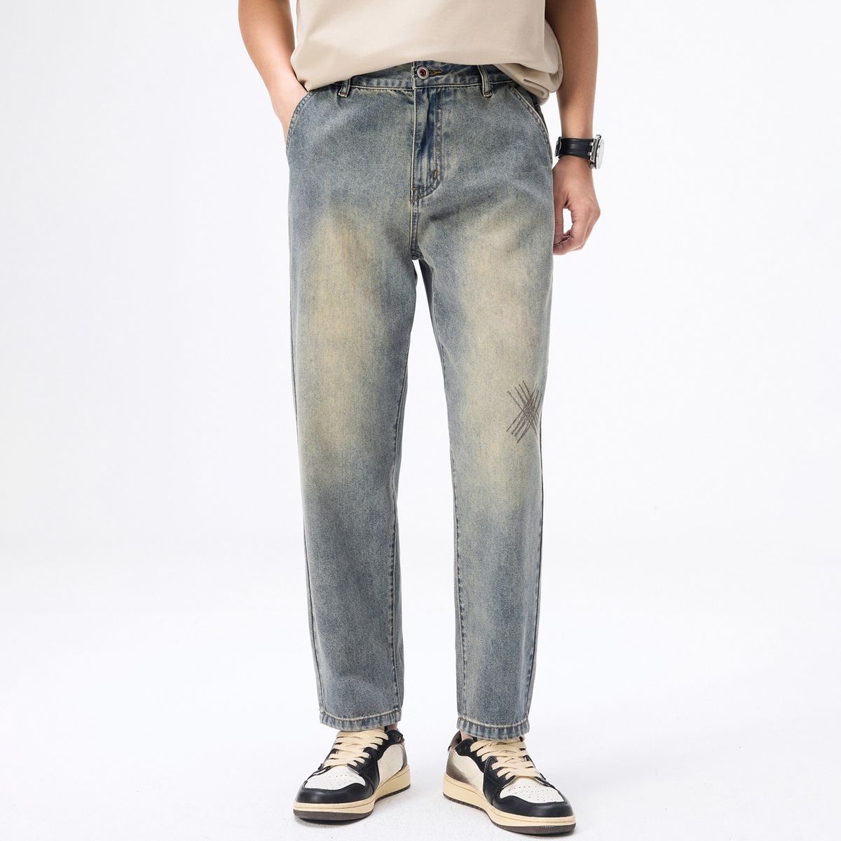 Men's Versatile Straight Leg Cropped Jeans mid Waist Loose Fit Trendy Street Style Basic Flattering for All Body Types plus Size_mkmklike.com