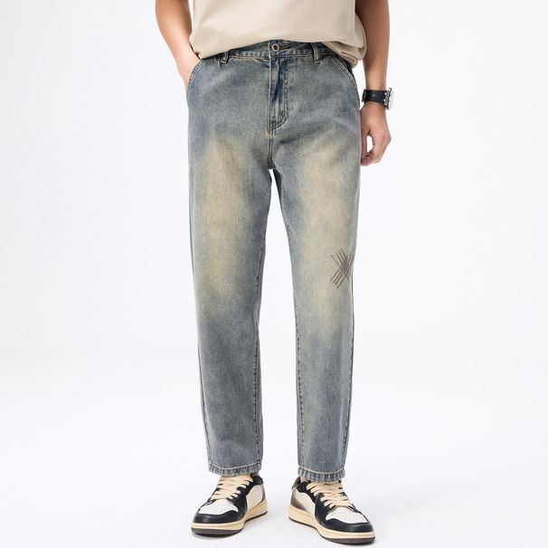 Men's Versatile Straight Leg Cropped Jeans mid Waist Loose Fit Trendy Street Style Basic Flattering for All Body Types plus Size_mkmklike.com