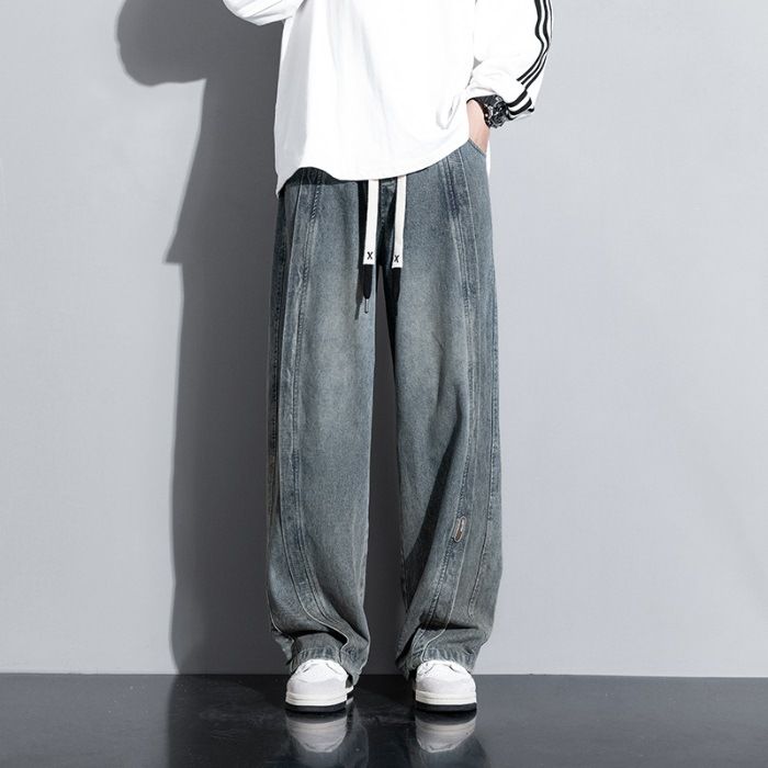 Men's Clothing Street Retro Elastic Waist Denim Men's Loose Straight Wide Leg Long Pants_mkmklike.com
