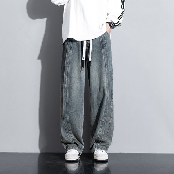 Men's Clothing Street Retro Elastic Waist Denim Men's Loose Straight Wide Leg Long Pants_mkmklike.com