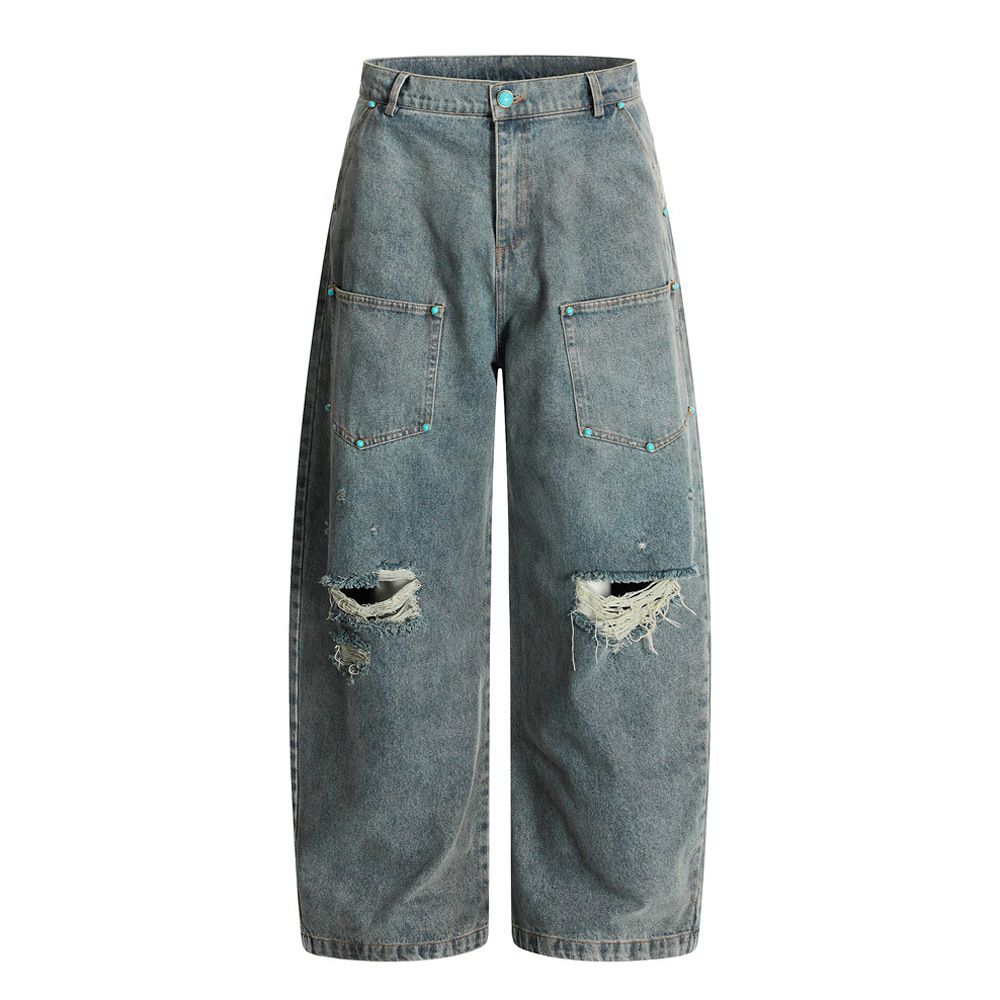 Scimitar Silhouette Denim Ripped Washed Long Men's American High Street Personality Design Pocket Loose Wide-Leg Pants_mkmklike.com