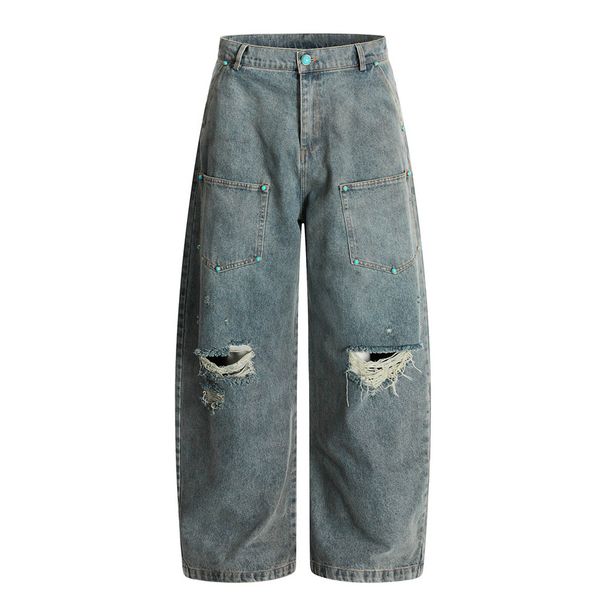 Scimitar Silhouette Denim Ripped Washed Long Men's American High Street Personality Design Pocket Loose Wide-Leg Pants_mkmklike.com