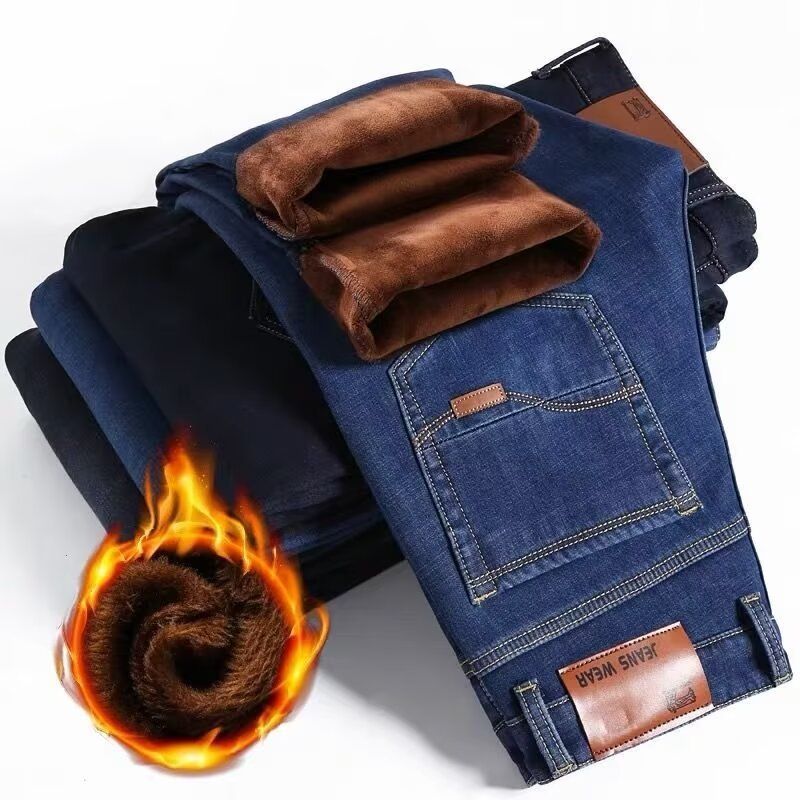 Men's Fleece-Lined Straight Leg Jeans - Winter Warm Casual Denim Pants With Comfortable Stretch & Classic Wash (Black/Blue)_mkmklike.com