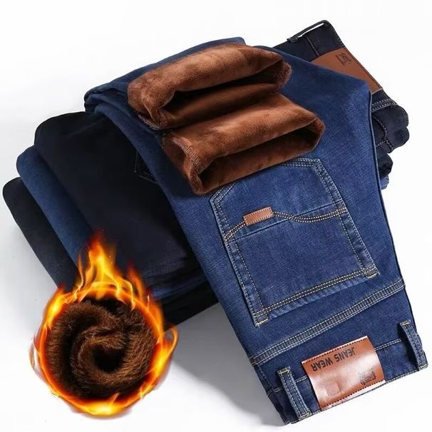Men's Fleece-Lined Straight Leg Jeans - Winter Warm Casual Denim Pants With Comfortable Stretch & Classic Wash (Black/Blue)_mkmklike.com