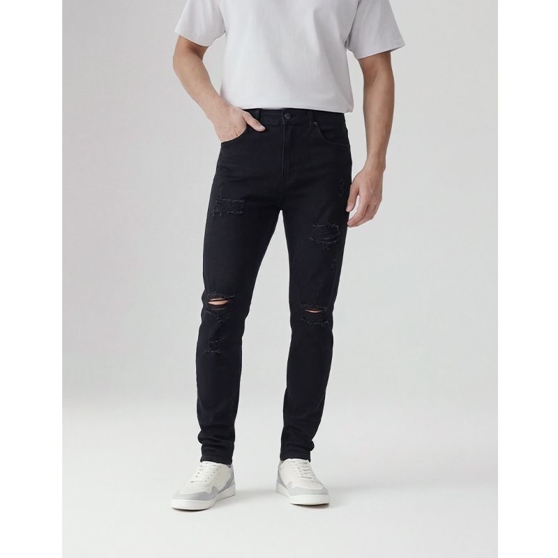Men's Clothing Slim Fit Stretch Black Jeans Ripped Solid Color Midweight Skinny Pants Cropped Long Black Jeans_mkmklike.com