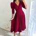 Women's Clothing solid color V neck waist bubble three quarter sleeves swing dress long_mkmklike.com