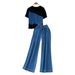 Women's Clothing Fashion Suit Patchwork Contrast Color Short Sleeved Top High Waist Wide Leg Jeans Two Piece Suit_mkmklike.com