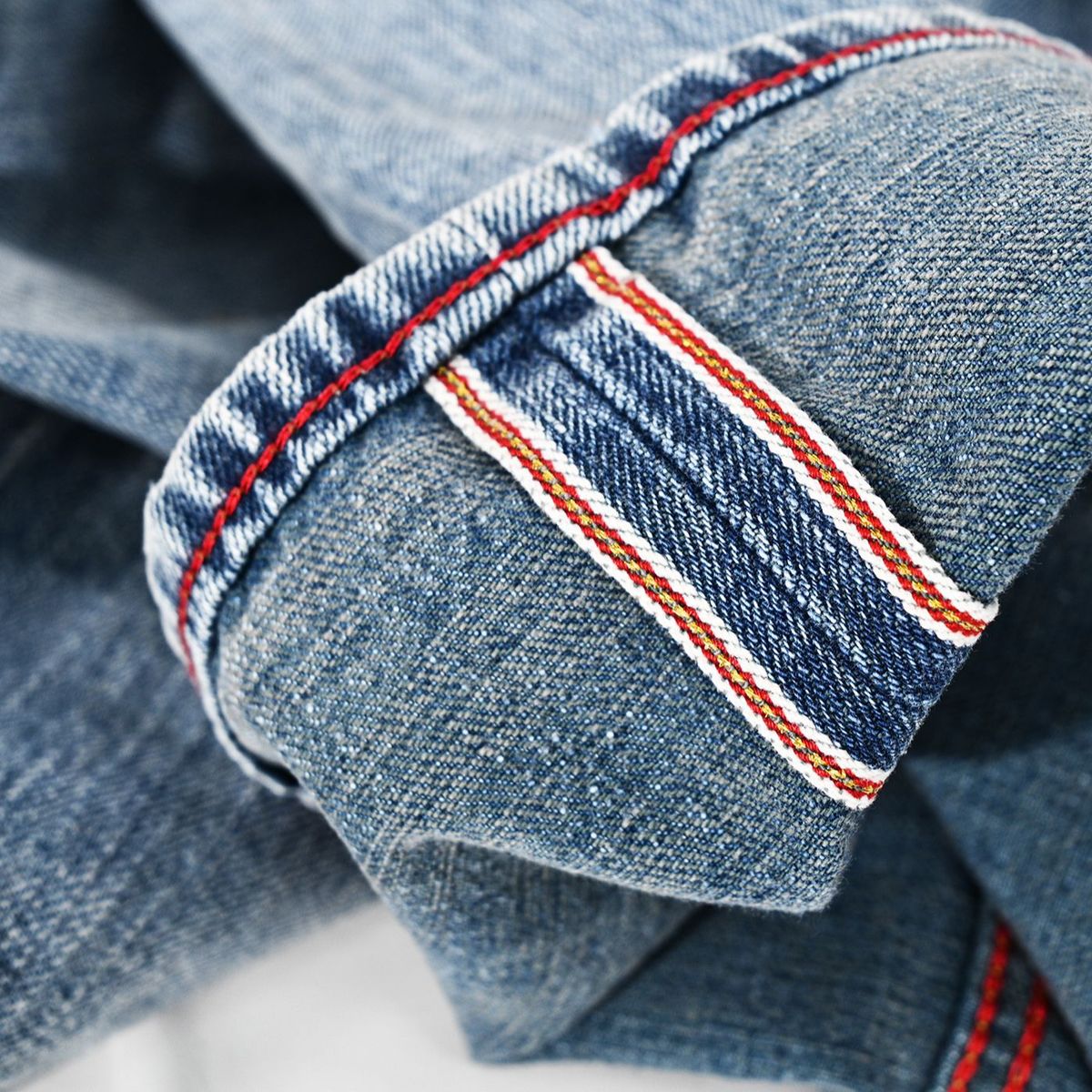 Men's Vintage Washed Denim Jeans - Straight Leg Light Blue Cotton Jeans With Embroidery & Selvedge Detail_mkmklike.com