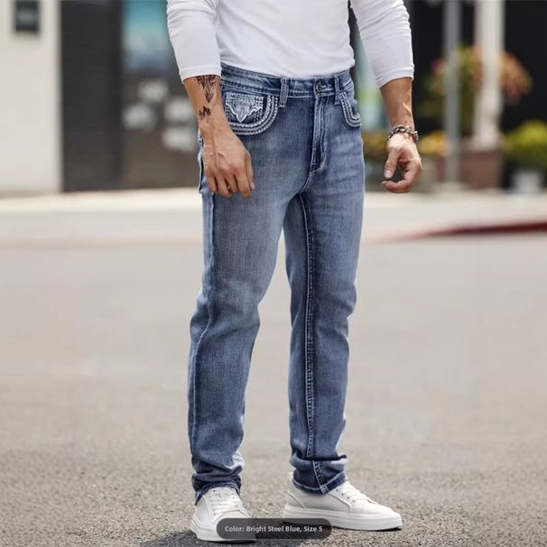 Plus Size Men's Jeans Stretch Slim Fit Trendy Embroidered High Street Straight Leg Pants_mkmklike.com