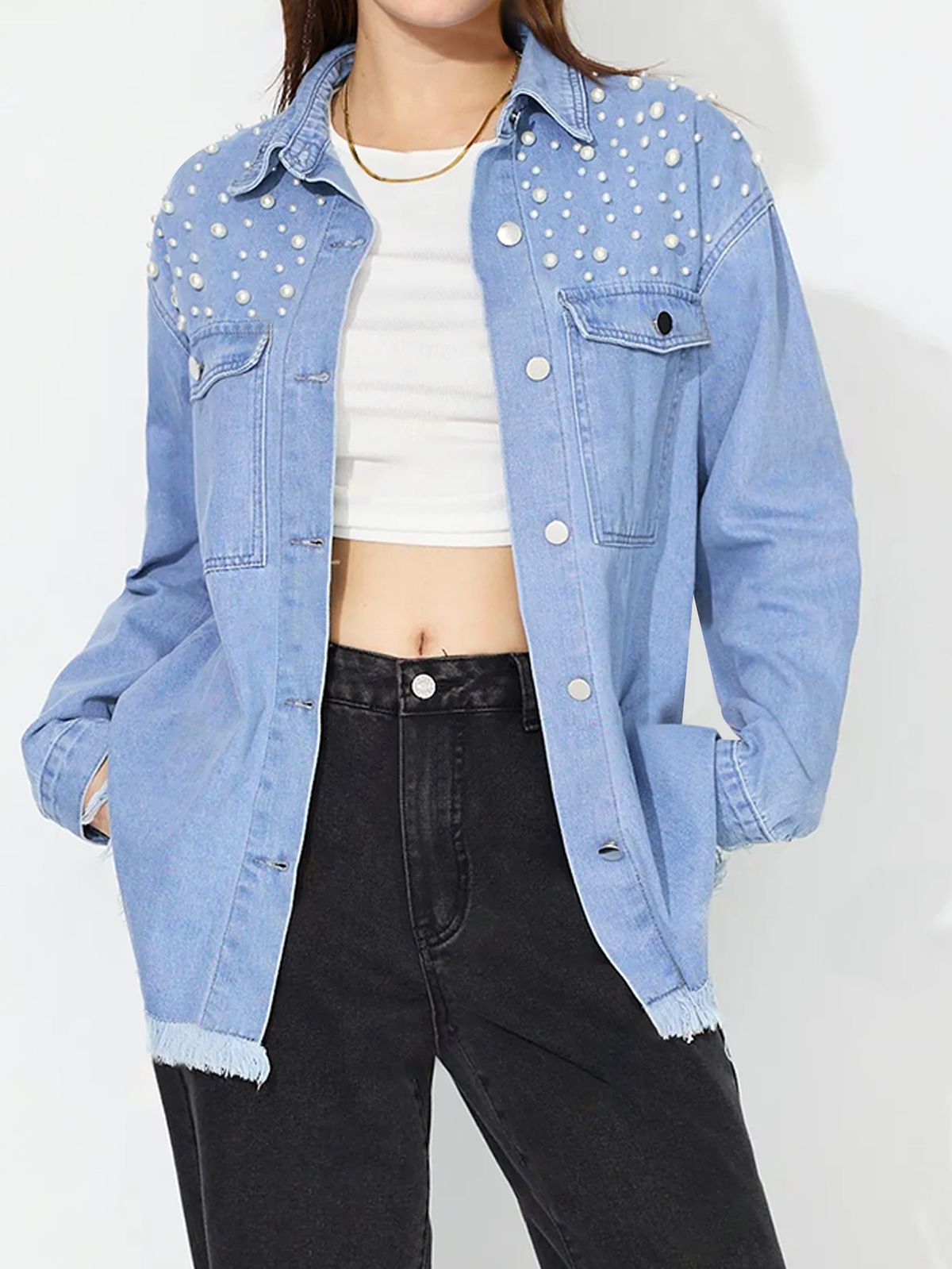 Women's Clothing Distressed Denim Jacket With Beaded Embellishments - Oversized Fit, Long Sleeve, Casual Streetwear For Women (Light Blue, Dark Blue)_mkmklike.com