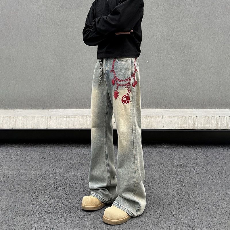 Men's Clothing Men's Retro Washed Distressed Jeans High Street Casual Straight Leg Slimming Loose Fitting Slightly Flared Long Pants_mkmklike.com