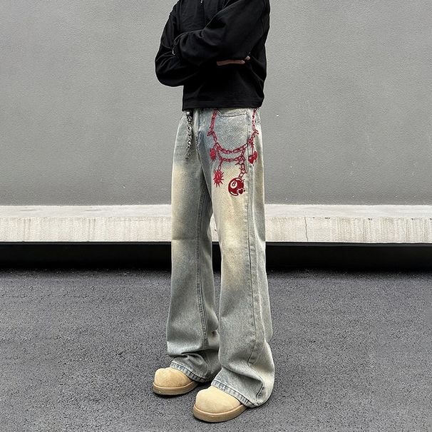 Men's Clothing Men's Retro Washed Distressed Jeans High Street Casual Straight Leg Slimming Loose Fitting Slightly Flared Long Pants_mkmklike.com