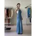 Korean Chic Niche Design Hanging Neck A-Line Denim Dress With Age Reducing Temperament, Slim And Long Skirt For Children_mkmklike.com